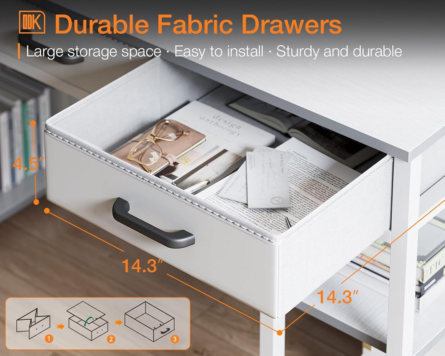 Office Small Computer Desk: Home Table with Fabric Drawers & Storage Shelves, Modern Writing Desk, White, 48"X16"