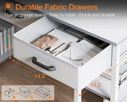 Office Small Computer Desk: Home Table with Fabric Drawers & Storage Shelves, Modern Writing Desk, White, 48"X16"