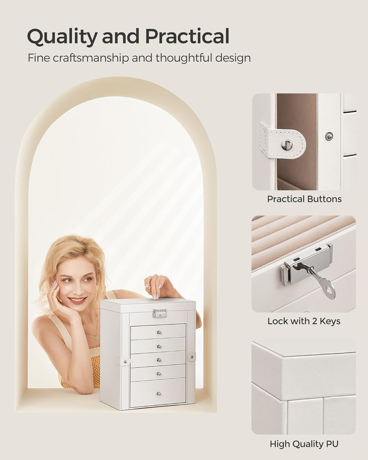 6 Tier Jewelry Box, Jewelry Storage Organizer with 5 Drawers, Large Storage Capacity, with Mirror, Lockable, Jewelry Case, Gift for Loved Ones, for Watches, White UJBC152W01