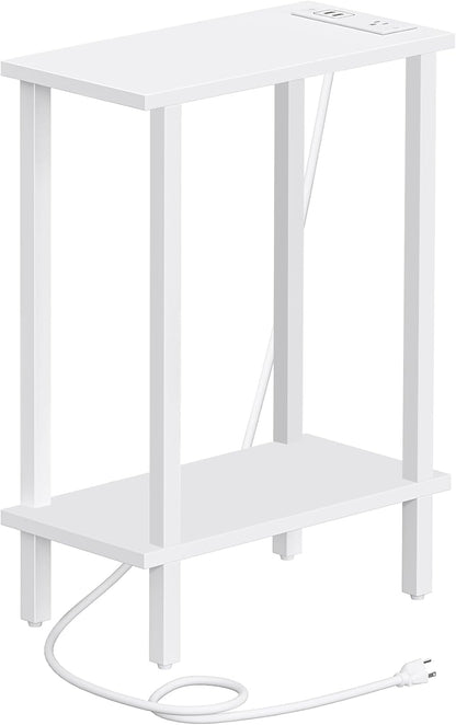Small End Table with Charging Station, Narrow Side Table with USB Ports and Outlets, Skinny Sofa Table, Slim Nightstand, Living Room, Bed Room, White TB01BW060