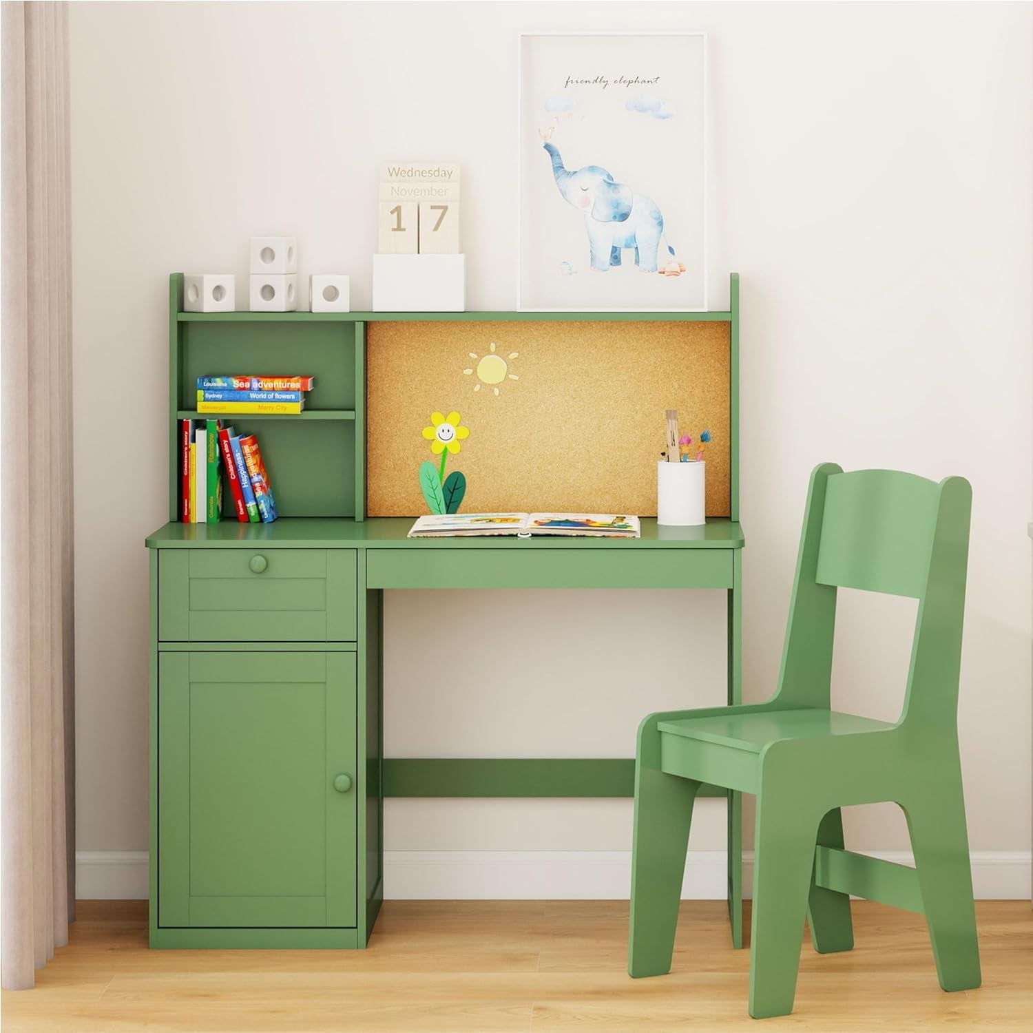 Kids Study Desk with Chair, Children Wooden Study Table with Hutch & Storage Cabinet, Kids Desk Chair Set for 5-12 Years Old, Student Writing Table Computer Workstation for Boys, Green