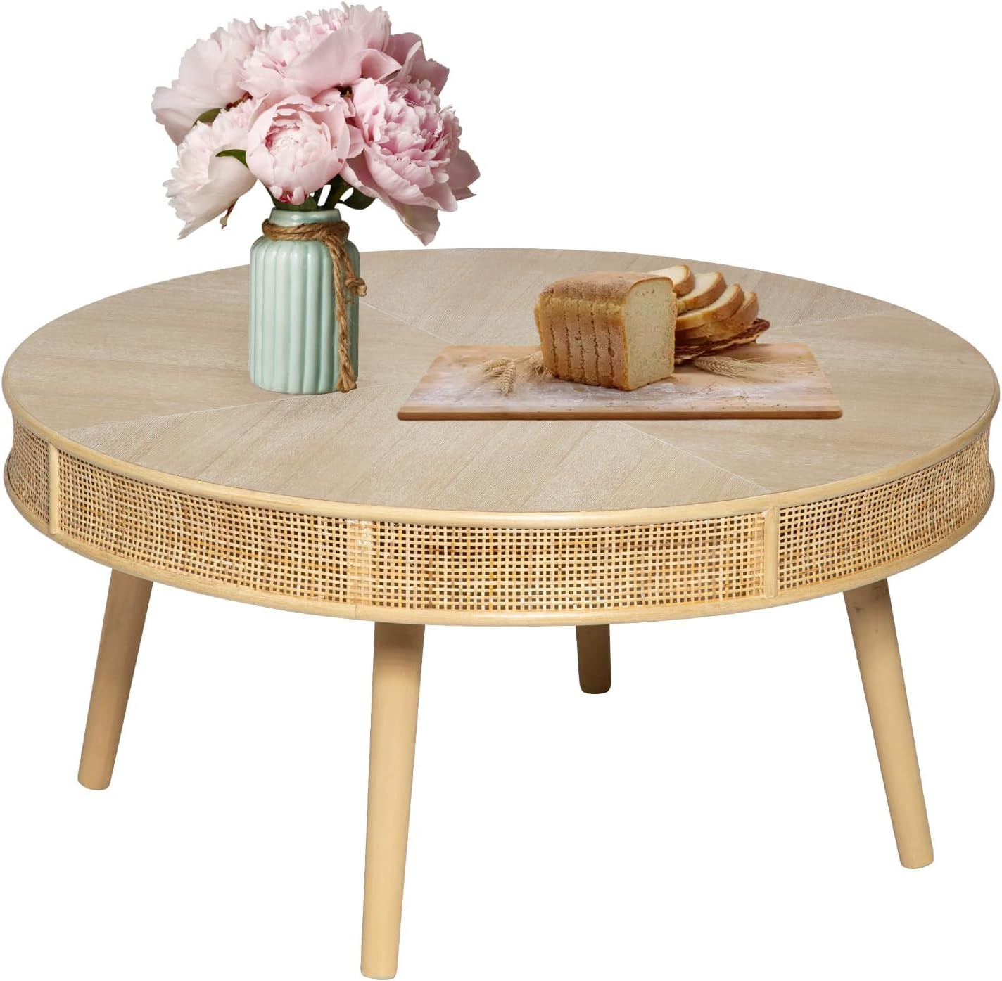 2-Piece Farmhouse Coffee Table, Modern Rustic Sofa Side Tea Tables, Solid Wood Finish with Crafted Rattan Side and End Table Sets for Living Room (Natural)