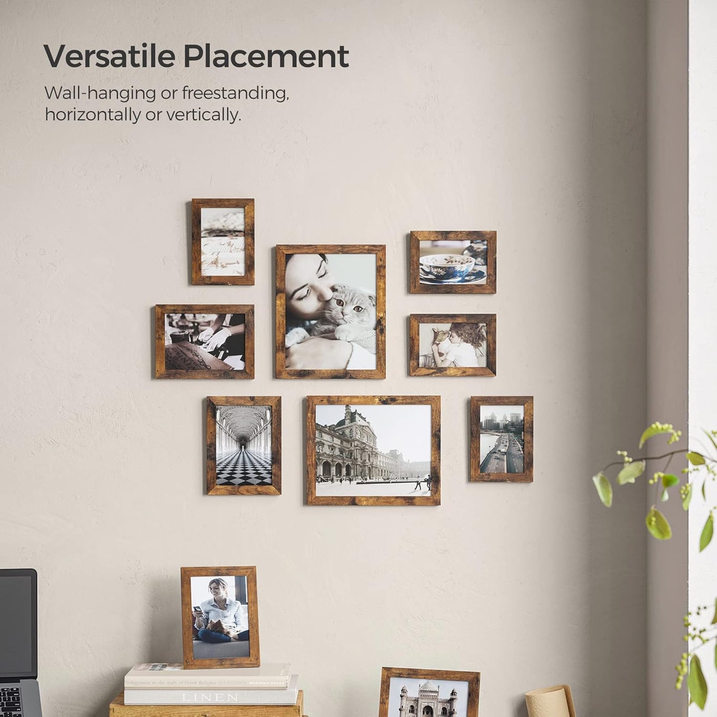Picture Frames, Collage Picture Frames Set of 10, Two 8X10, Four 5X7, Four 4X6, Photo Frame for Wall Gallery Decor, Table Display, Glass, Rustic Brown URPF010X01