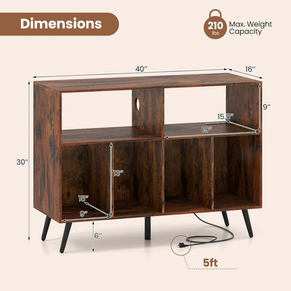 Large Record Player Stand with Charging Station, Turntable Stand Holds up to 450 Albums, Record Player Table with Raised Leg, Vinyl Record Storage for Living Room (Rustic Brown)