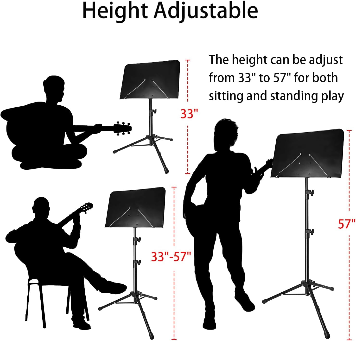 Sheet Music Stand with Light and Phone Holder, 57" Portable Music Stand for Sheet Music High Stability, Height Adjustable Music Stands with Carrying Bag(33-57Inch, Plate without Hole)