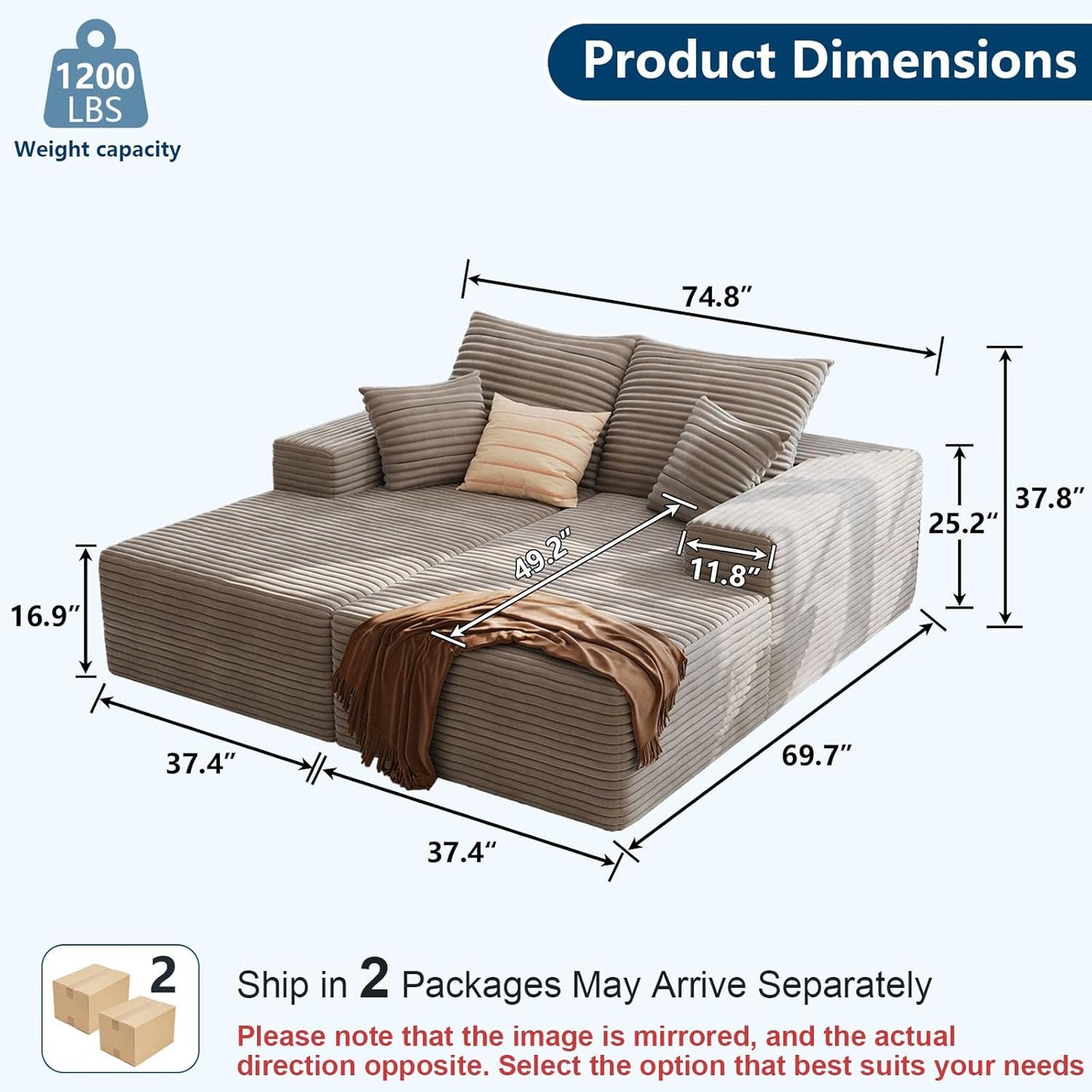 75" Oversized Double Chaise Lounges Indoor, Upholstered Corduroy Oversized Chaise Lounge Chair, Modern Sleeper Loveseat Chair Boneless Cloud Couch for Living Room Bedroom Reading (Camel)