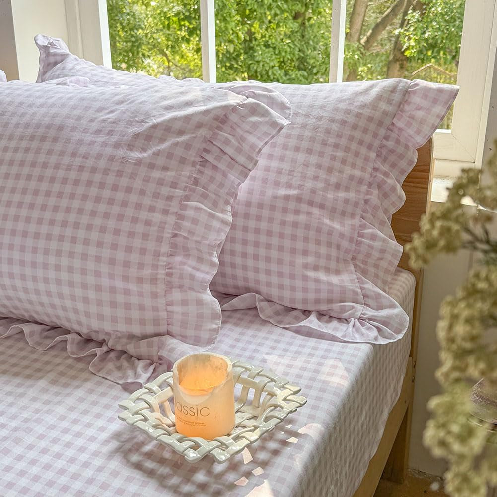 Pink Gingham Ruffle Queen Sheet Set, Pink Soft Pre-Washed Microfiber Plaid Queen Bed Sheets, 4-Pieces Farmhouse Sheet Set with Deep Pocket