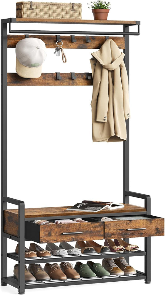 Hall Tree with Bench and Shoe Storage, Entryway Coat Rack with Shoe Bench, 2 Fabric Drawers, 10 Hooks, 11.8 X 31.7 X 71.5 Inches, Vintage Brown and Ink Black UHSR429B01