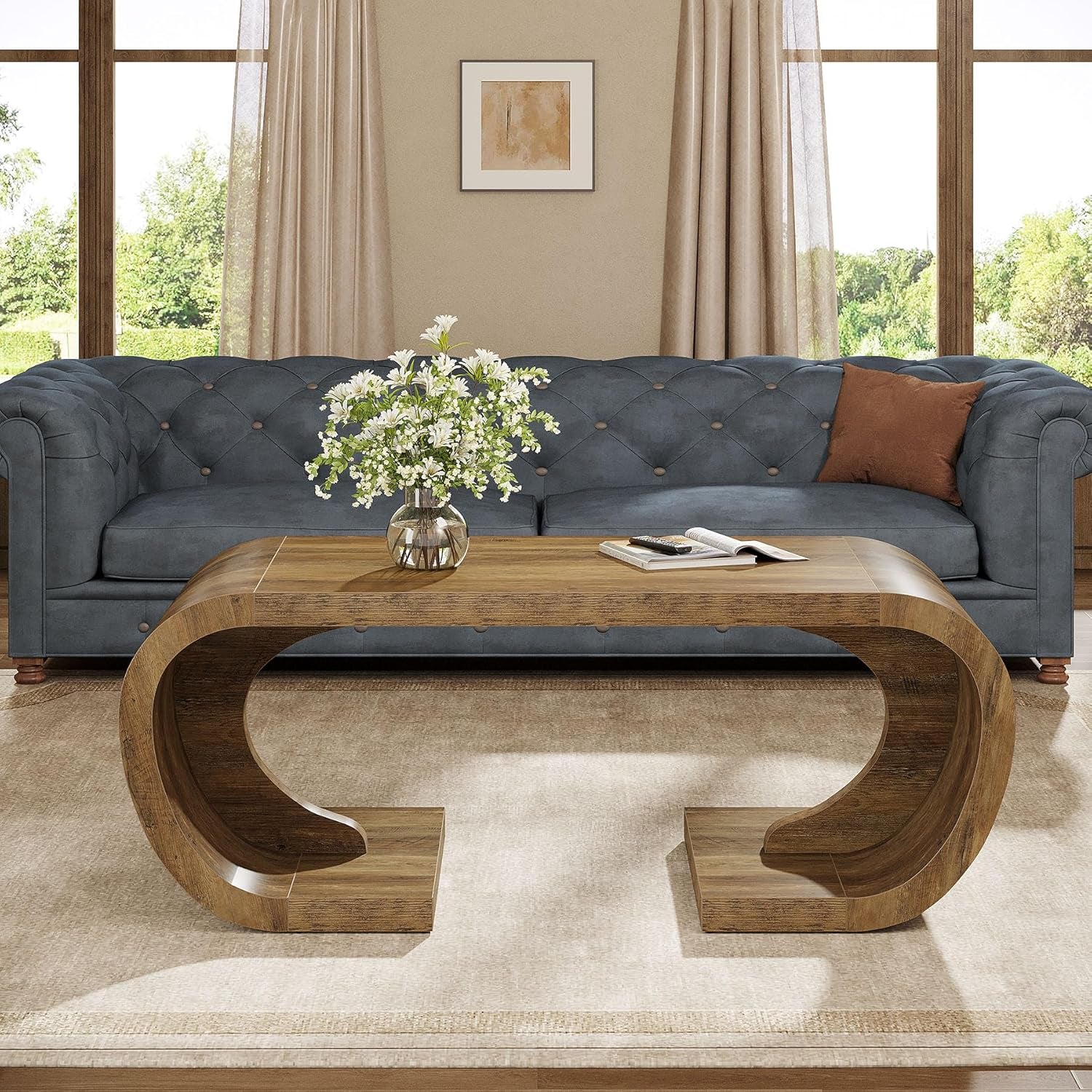 Farmhouse Coffee Table, 47" Heavy Duty C-Shaped Center Table with Curved Base, Large Tea Table for Living Room, Entertainment Room, Home Office, Rustic Brown
