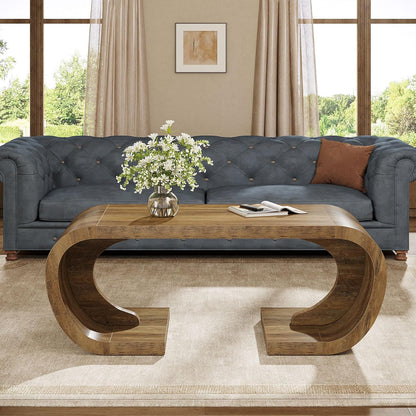 Farmhouse Coffee Table, 47" Heavy Duty C-Shaped Center Table with Curved Base, Large Tea Table for Living Room, Entertainment Room, Home Office, Rustic Brown