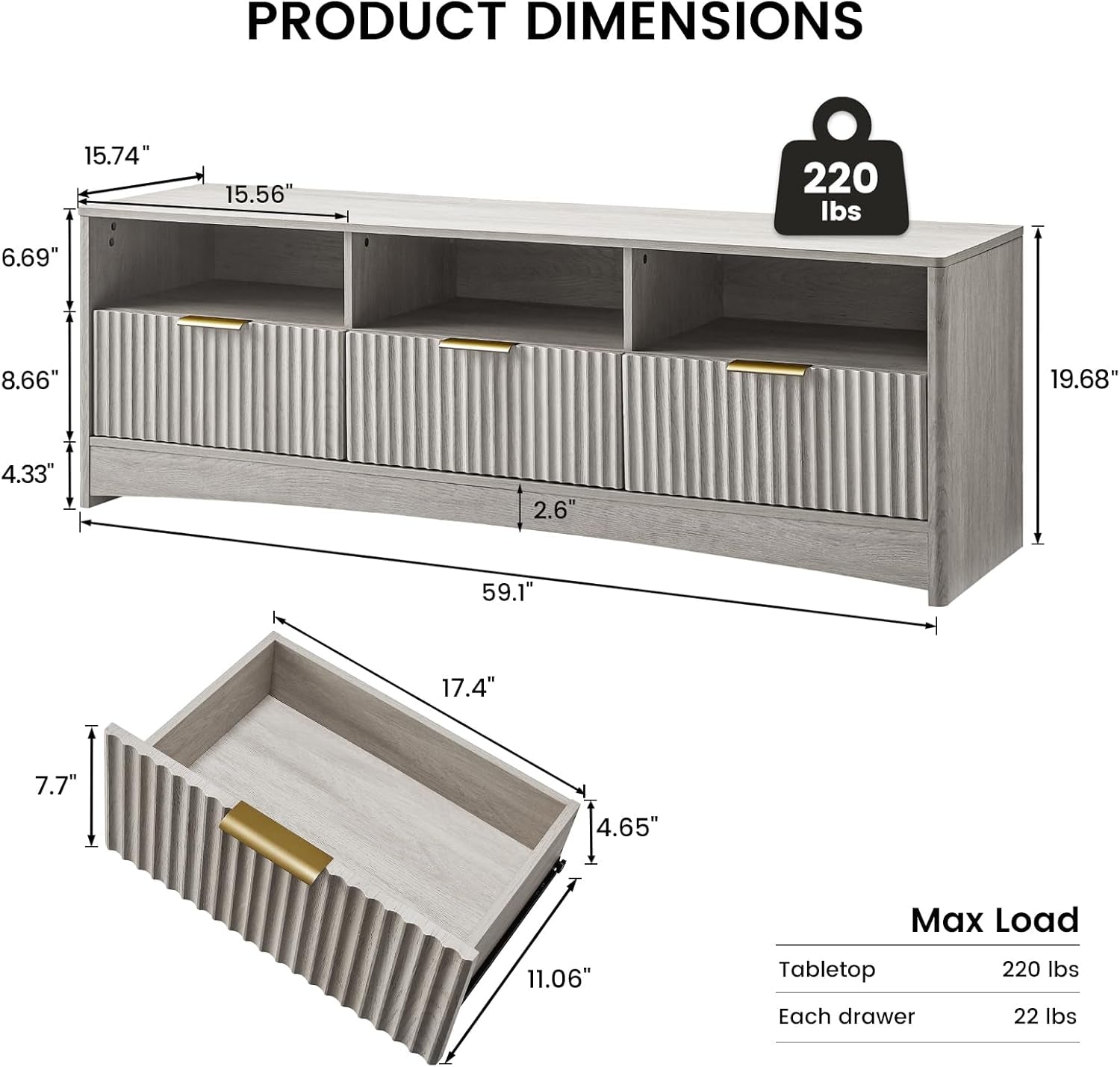 Amada TV Stand for 50-65" TV, Fluted Modern TV Stand Entertainment Center with Drawers and Open Shelf, Waveform Panel, Sleek Curved Profile Media TV Console Table for Living Room, Bedroom, Grey