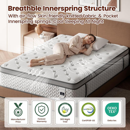 Queen Mattress 12 Inch, 5-Zone Deep Sleep Firm Mattress with Extra Lumbar & Shoulder Support, Hotel Collection Hybrid Mattresses Pain Relief - Fiberglass Free - No Odor - 365 Night Trial
