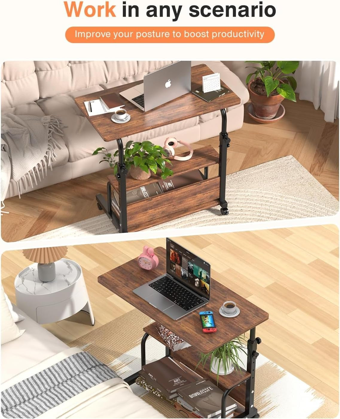 Portable Rolling Desk on Wheels Adjustable Height Desks for Small Spaces, 32" Computer Desk Drafting Tables with Storage Shelves for Home Office Rustic