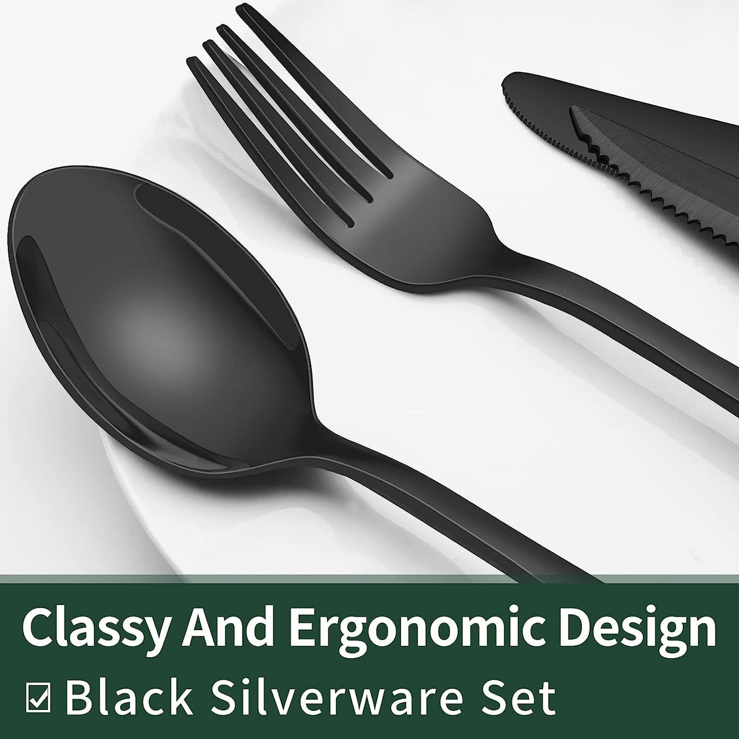 24-Piece Black Silverware Set with Steak Knives, Flatware for 4, Food-Grade Stainless Steel Tableware Cutlery Set, Mirror Finished Utensil Sets Home Restaurant