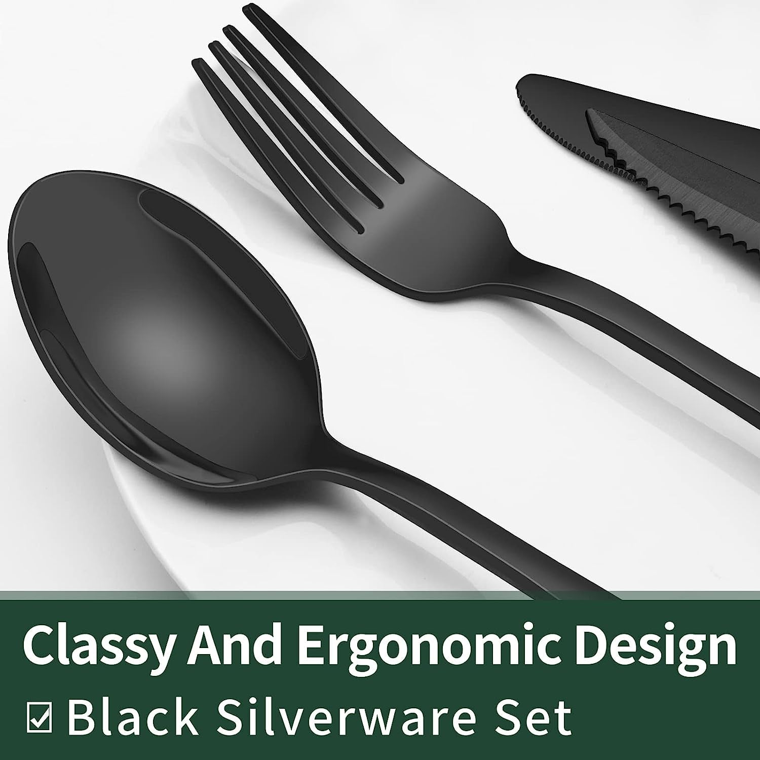 24-Piece Black Silverware Set with Steak Knives, Flatware for 4, Food-Grade Stainless Steel Tableware Cutlery Set, Mirror Finished Utensil Sets Home Restaurant