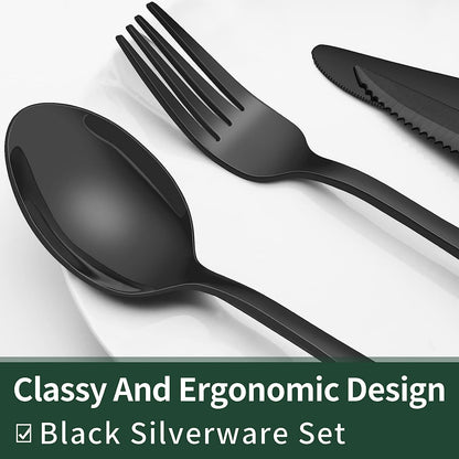 24-Piece Black Silverware Set with Steak Knives, Flatware for 4, Food-Grade Stainless Steel Tableware Cutlery Set, Mirror Finished Utensil Sets Home Restaurant