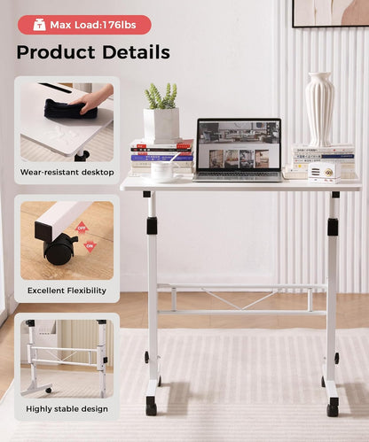 Standing Desk Adjustable Height, Mobile Stand up Desk with Wheels Small Computer Desk Rolling Desk, Portable Laptop Desk White Standing Table Home Office Desks 16"X31.5" Height 27"-43.5"