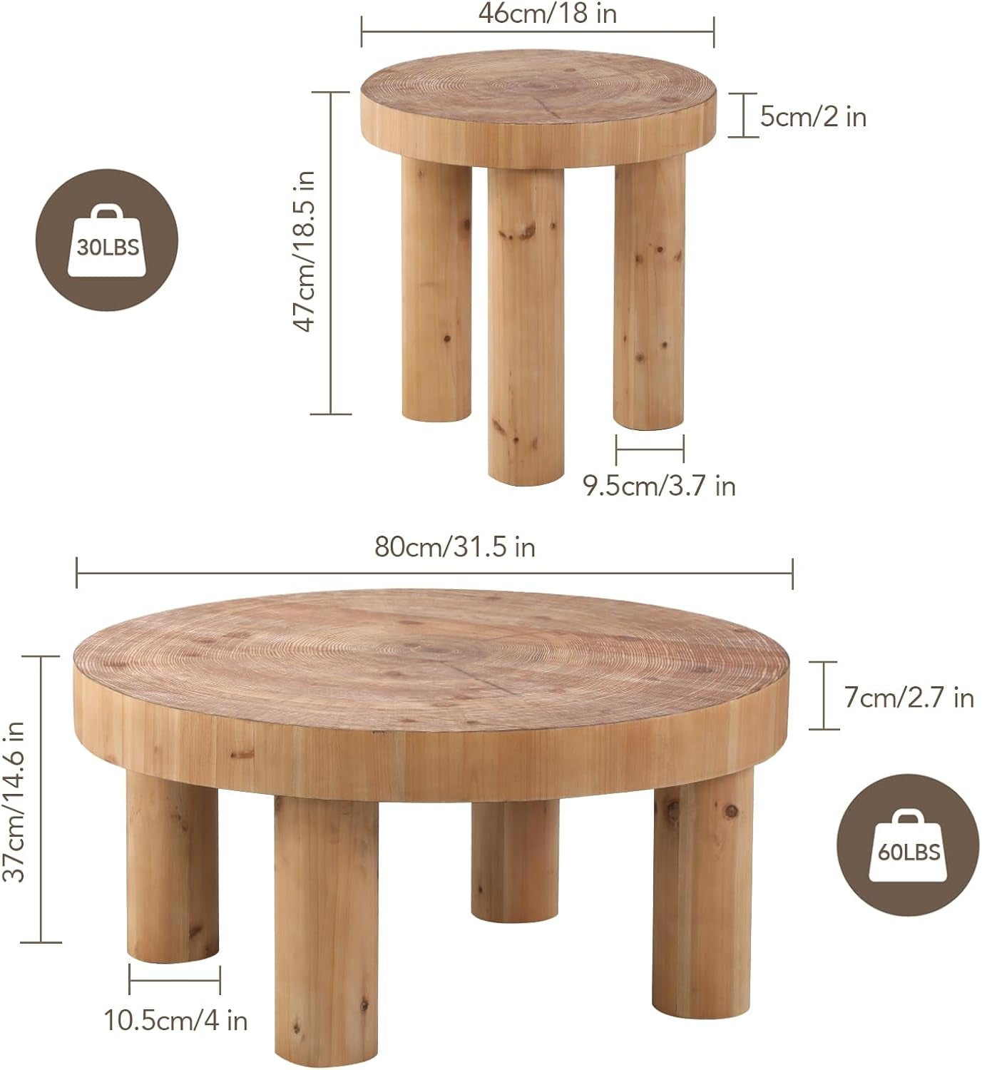 2-Piece round Farmhouse Coffee Table, Rustic Coffee Table Sets, Circle Wooden Ring Finish with Solid Wood Legs, Center Tables Set for Living Room (Natural)