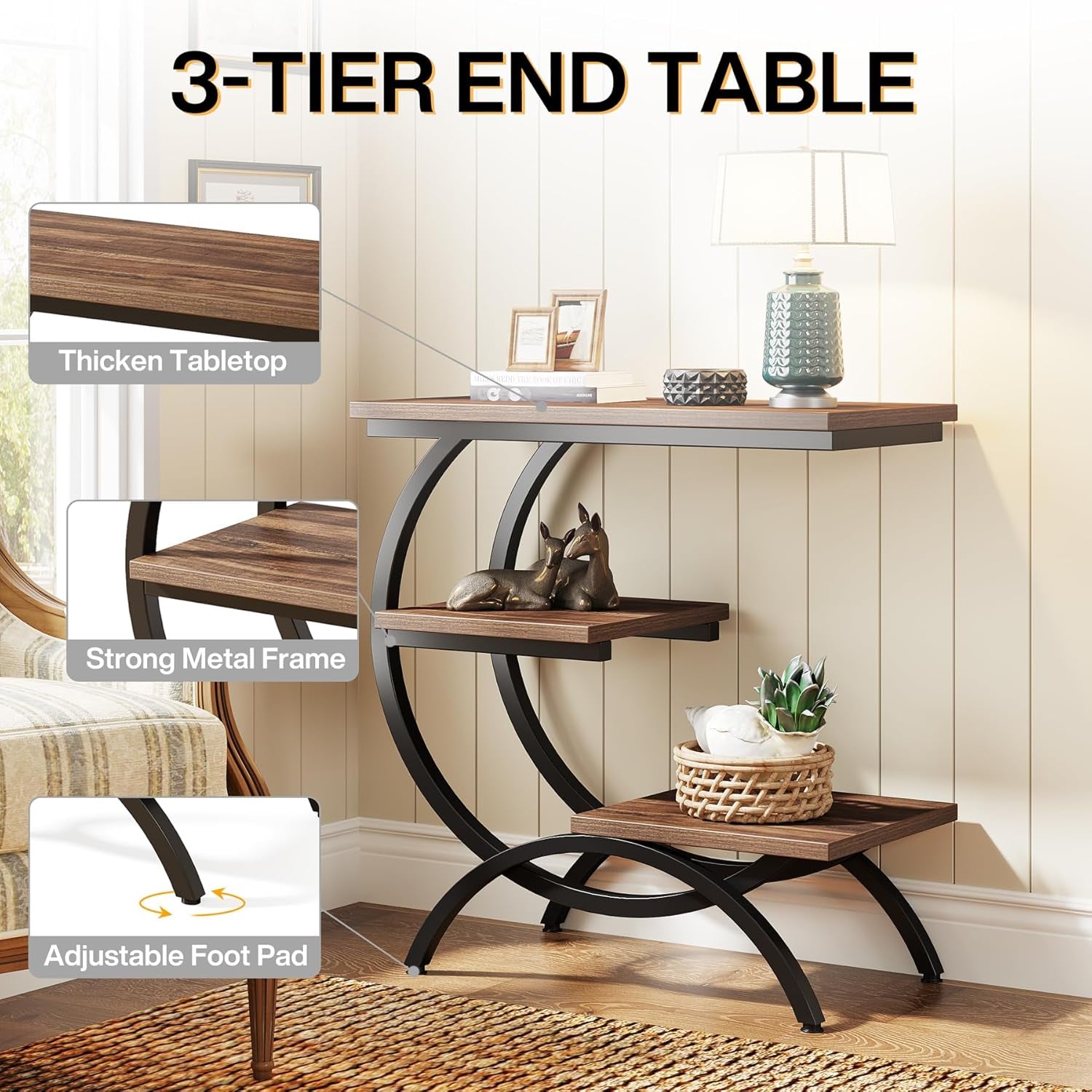 C-Shaped End Table, Industrial 3-Tier Small Side Table for Couch, Wood Bedside Table Snack Side Table with Storage Shelves for Living Room Small Space, Rustic Brown