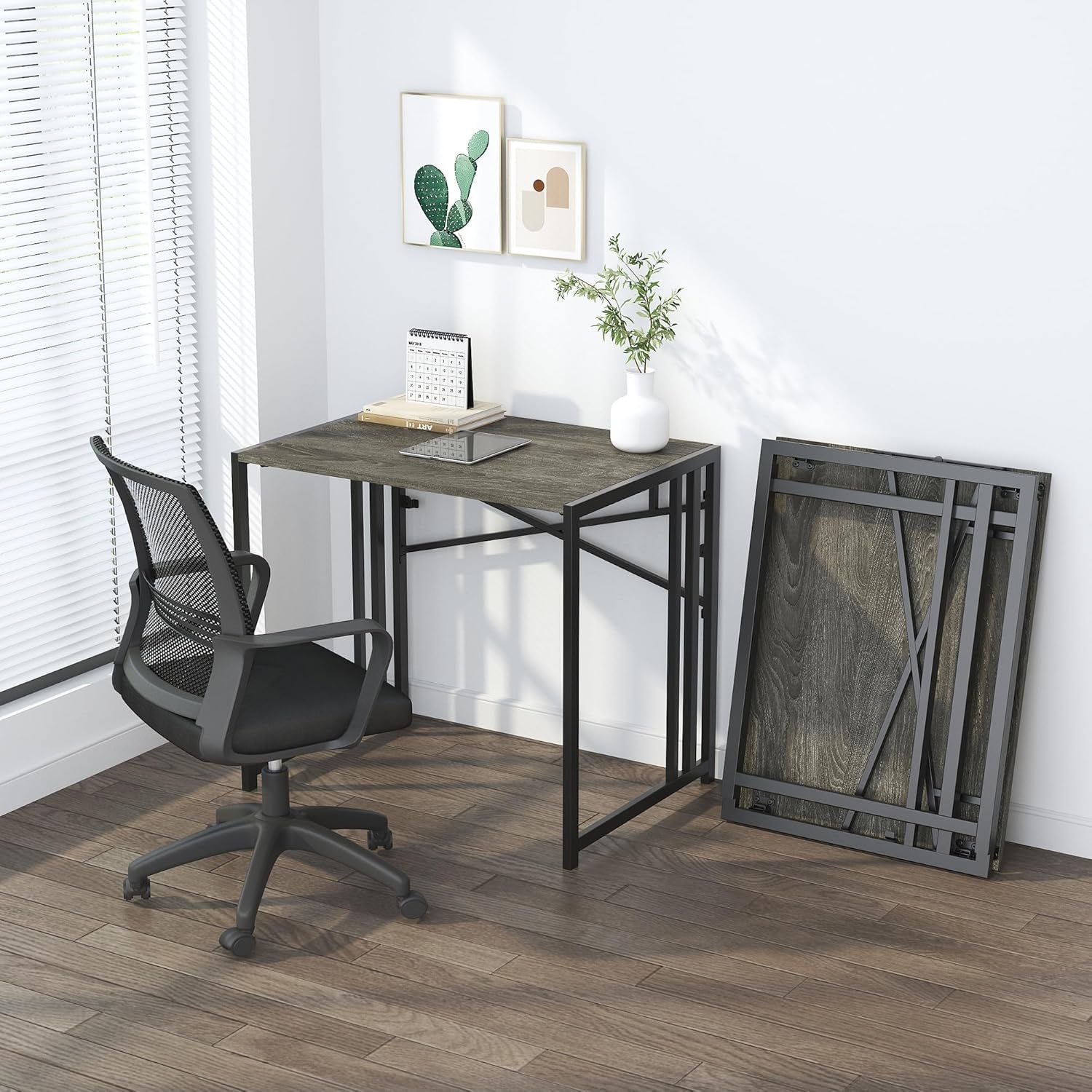 40 Inch Folding Desk, Writing Gaming Computer Camping Desk, No Assembly Required Home Office Table, Natural and White