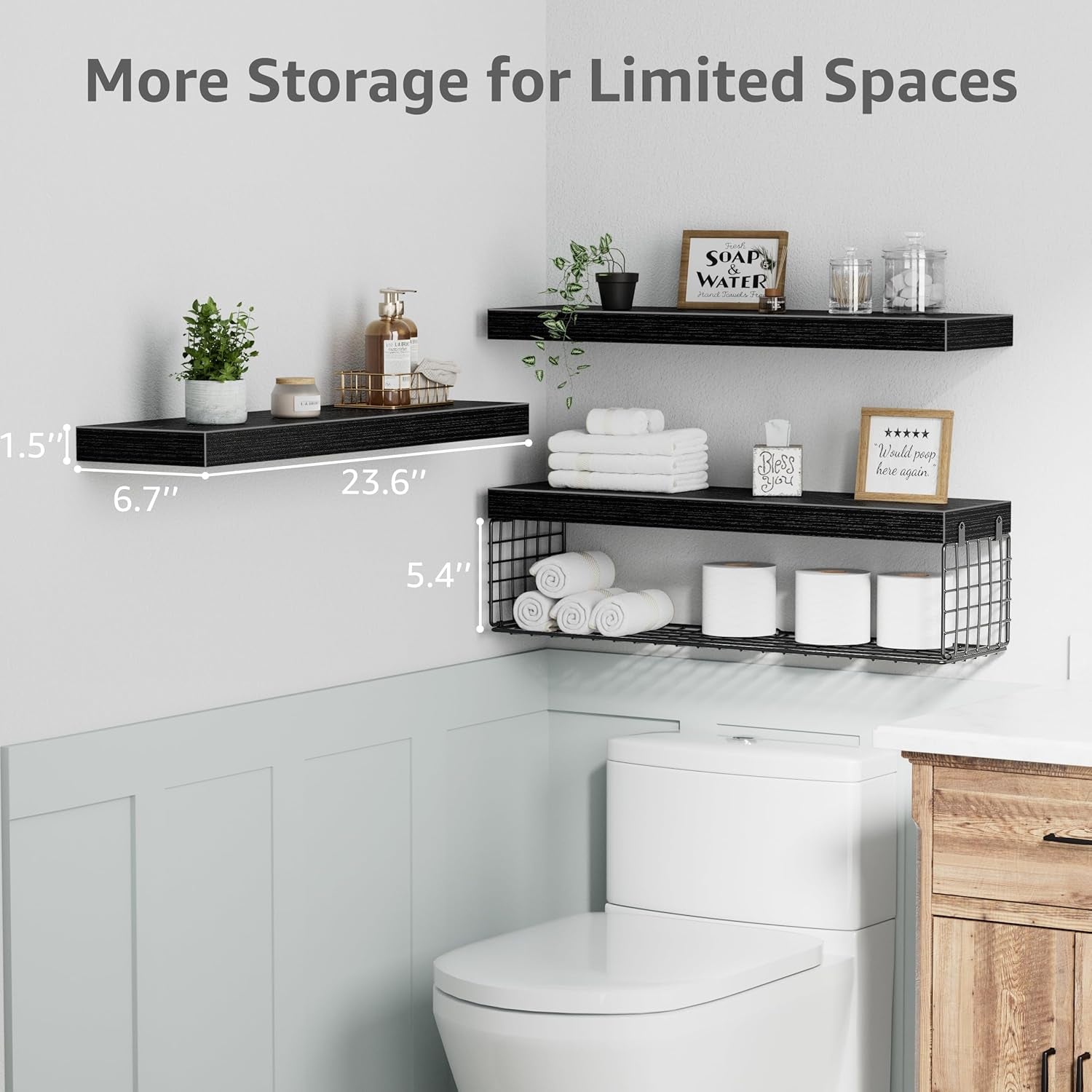 Bathroom Shelves 24 Inches Long - Floating Shelf for Wall over Toilet Paper Storage Basket Farmhouse Set of 3, Black (019-60B3)