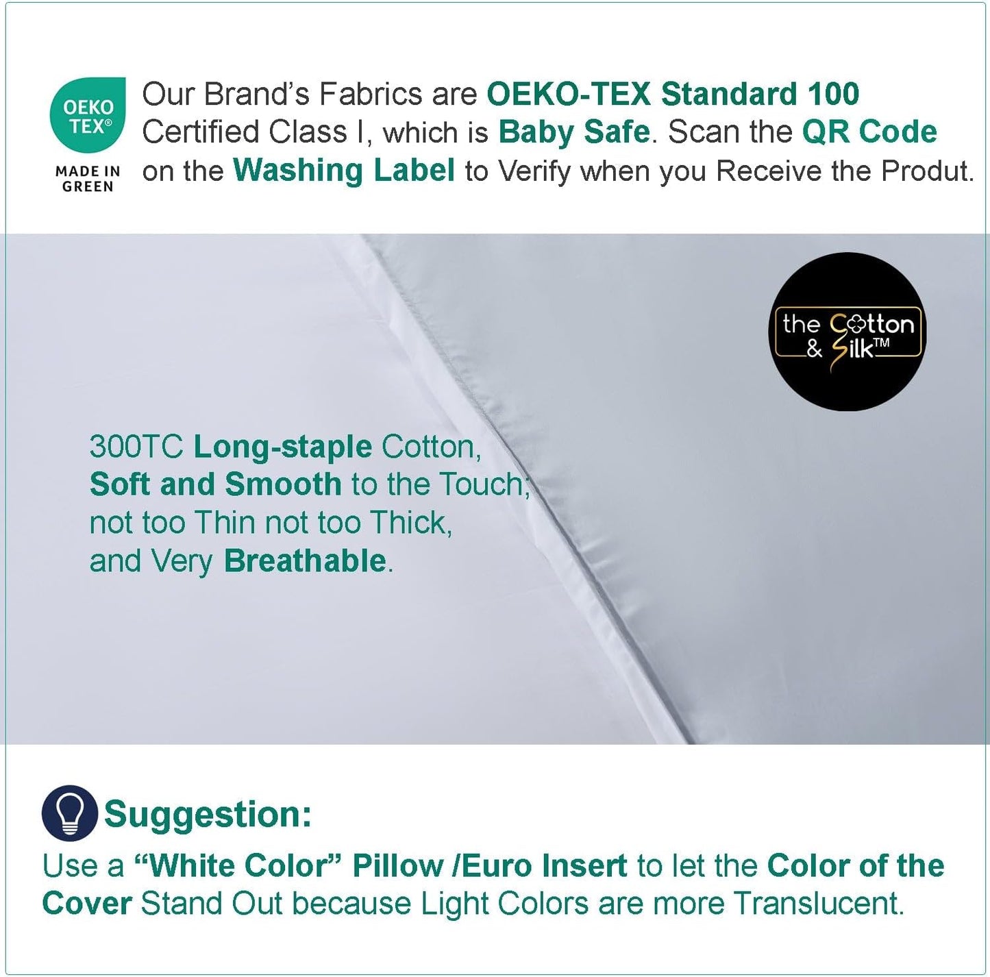 ® 100% Luxury Long-Staple Cotton Pillow Sham/Pillowcase, Set of 2, with Envelope Closure on the Back, White + Misty Blue, Queen Size