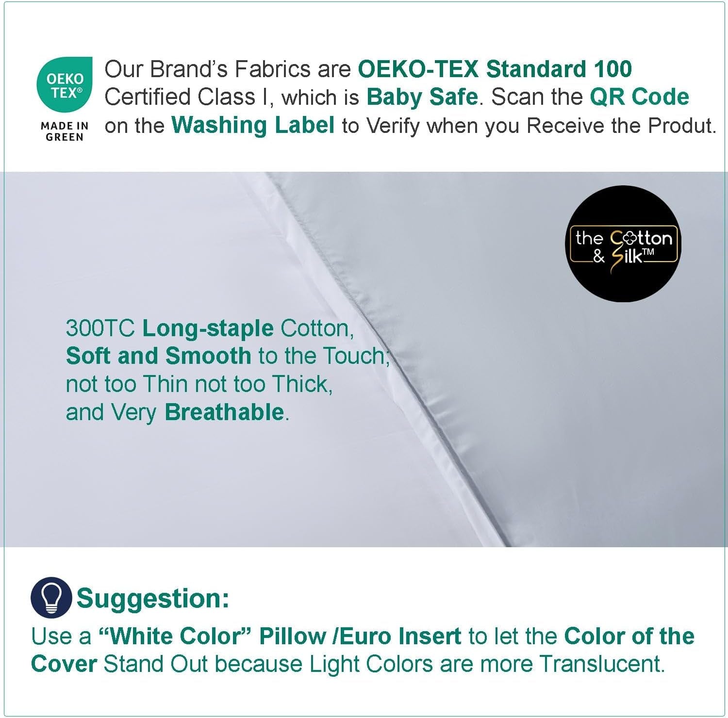 ® 100% Luxury Long-Staple Cotton Pillow Sham/Pillowcase, Set of 2, with Envelope Closure on the Back, White + Misty Blue, Queen Size