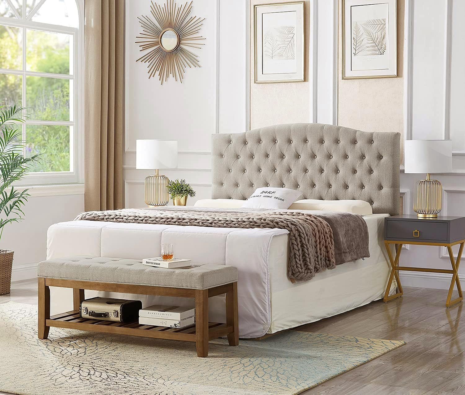 Large Rectangular Upholstered Tufted Linen Fabric Ottoman Bench, Padded Bench with Solid Wood Shelf-Linen