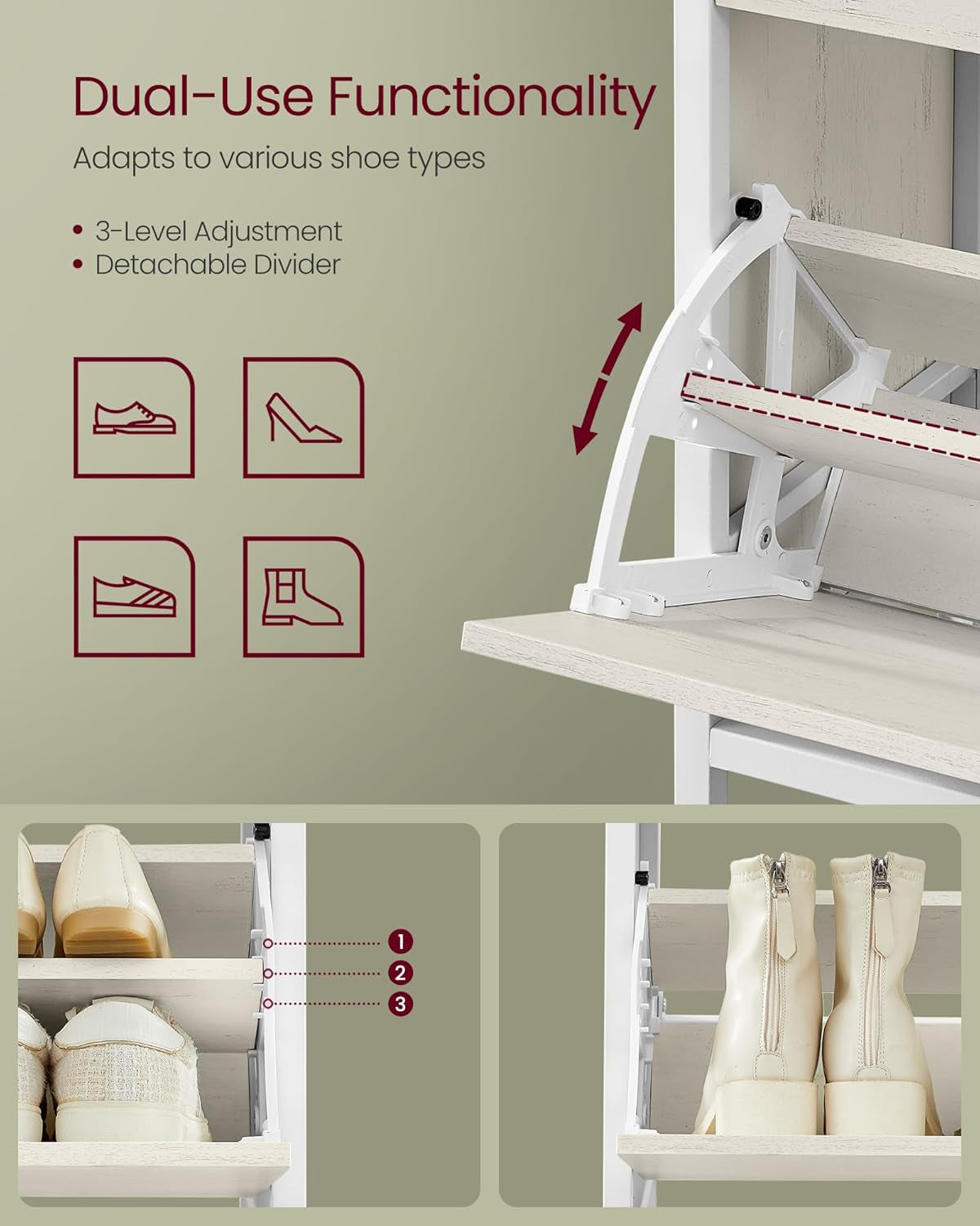 Shoe Cabinet with 3 Flip Drawers, Shoe Storage Cabinet, Asjustable and Removable Dividers, Holds 15-24 Pairs of Shoes, 11.8 X 31.5 X 51.2 Inches, Rustic White and Matte White ULBS802W01