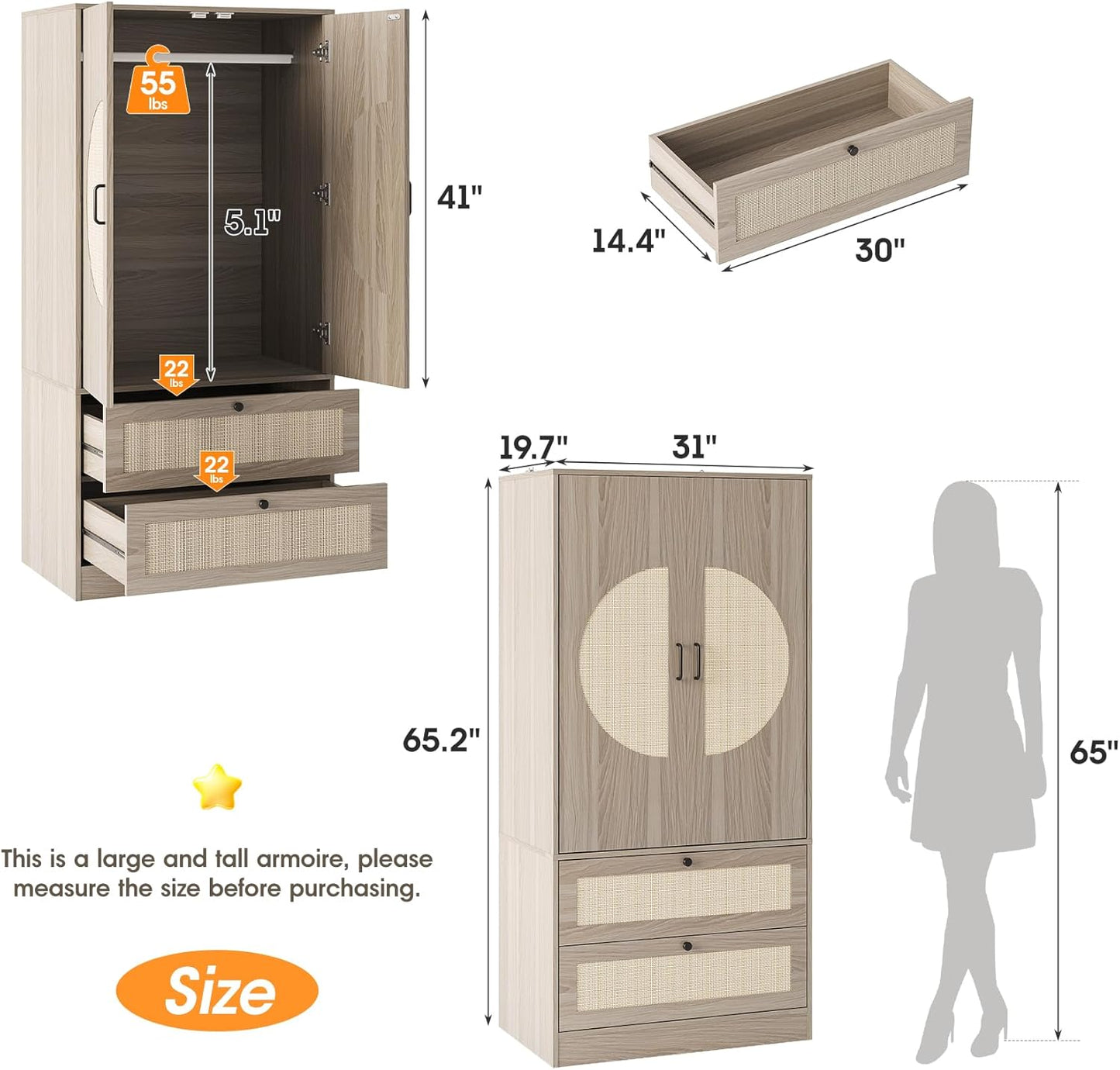 Modern Boho Wardrobe Closet Wiht 2 Drawers, 65" H Large Wooden Bedroom Armoires with Rattan Door & Hanging Rod, Freestanding Clothing Storage Cabinet for Dormitory, Apartment, Cloak Room