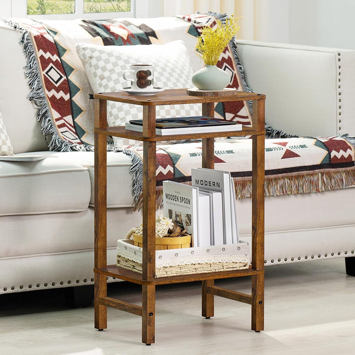 Side Table End Table Tall Night Stand 3-Tier for Living Room Bedroom Bathroom Office Furniture Brown