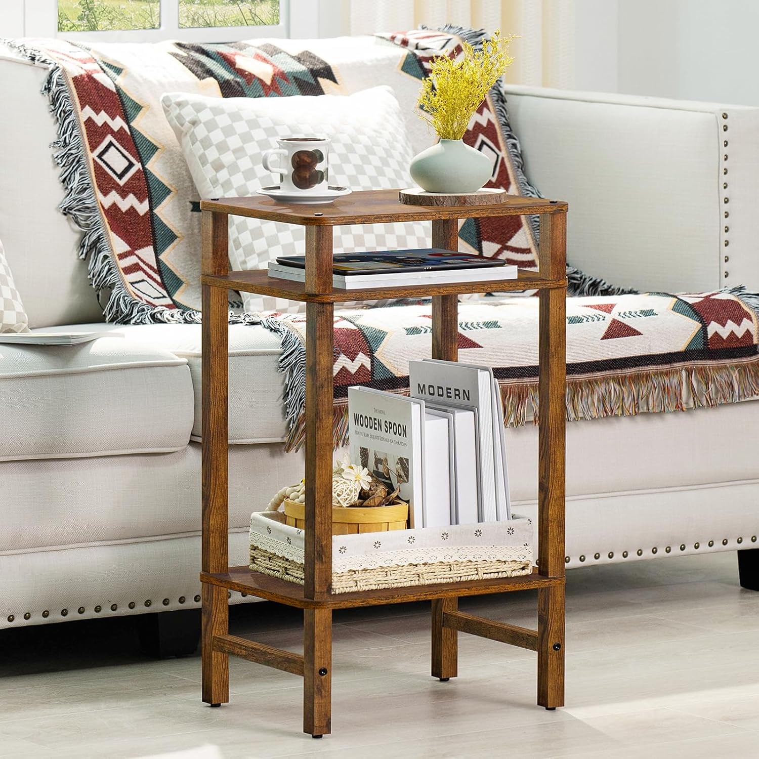 Side Table End Table Tall Night Stand 3-Tier for Living Room Bedroom Bathroom Office Furniture Brown