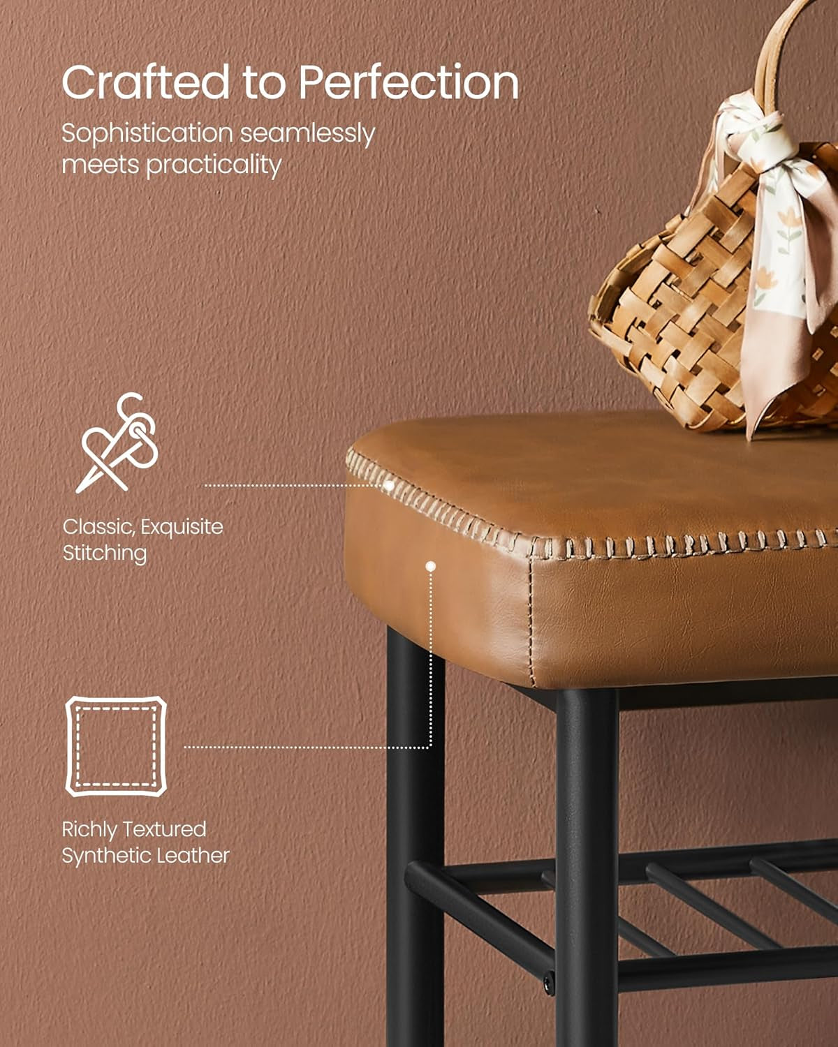 EKHO Collection - Shoe Rack Bench, Storage Bench for Entryway, Synthetic Leather with Stitching, Mid-Century Modern, Loads 300 Lb, 11.8 X 31.5 X 19.7 Inches, Caramel Brown ULSB054K01