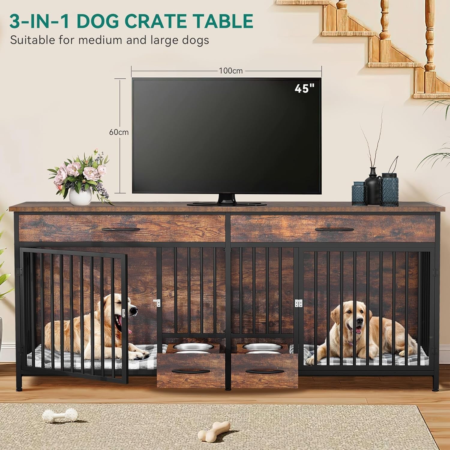 91.3" Double Dog Crate Furniture with Dog Feeder, Heavy Duty Indoor Dog Kennel TV Stand with Drawers, Sturdy Dog Kennel with Divider for 2 Medium Large Dogs, Brown