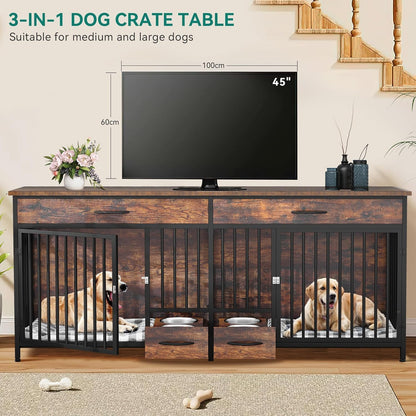 91.3" Double Dog Crate Furniture with Dog Feeder, Heavy Duty Indoor Dog Kennel TV Stand with Drawers, Sturdy Dog Kennel with Divider for 2 Medium Large Dogs, Brown
