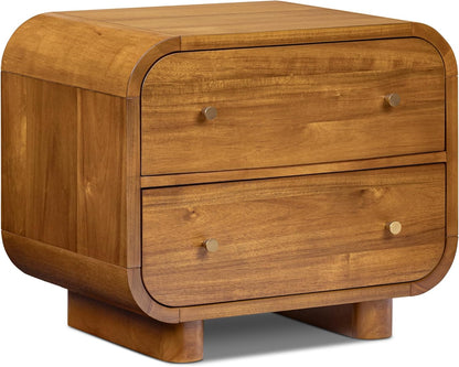 Oslo 22” Nightstand – Mid-Century Modern Bedside Table with Soft-Close Drawers, Solid and Veneered Acacia Wood Construction, Brass Handles, Light Brown Finish
