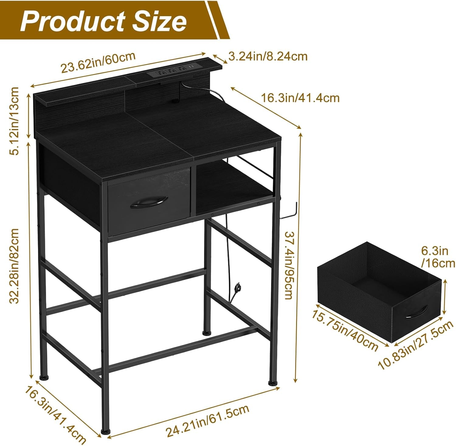 Makeup Vanity Desk without Mirror, Small Vanity Table with Fabric Drawers and Charging Station for Girls Bedroom, Simple Home Office Computer Desk for Small Spaces, Black