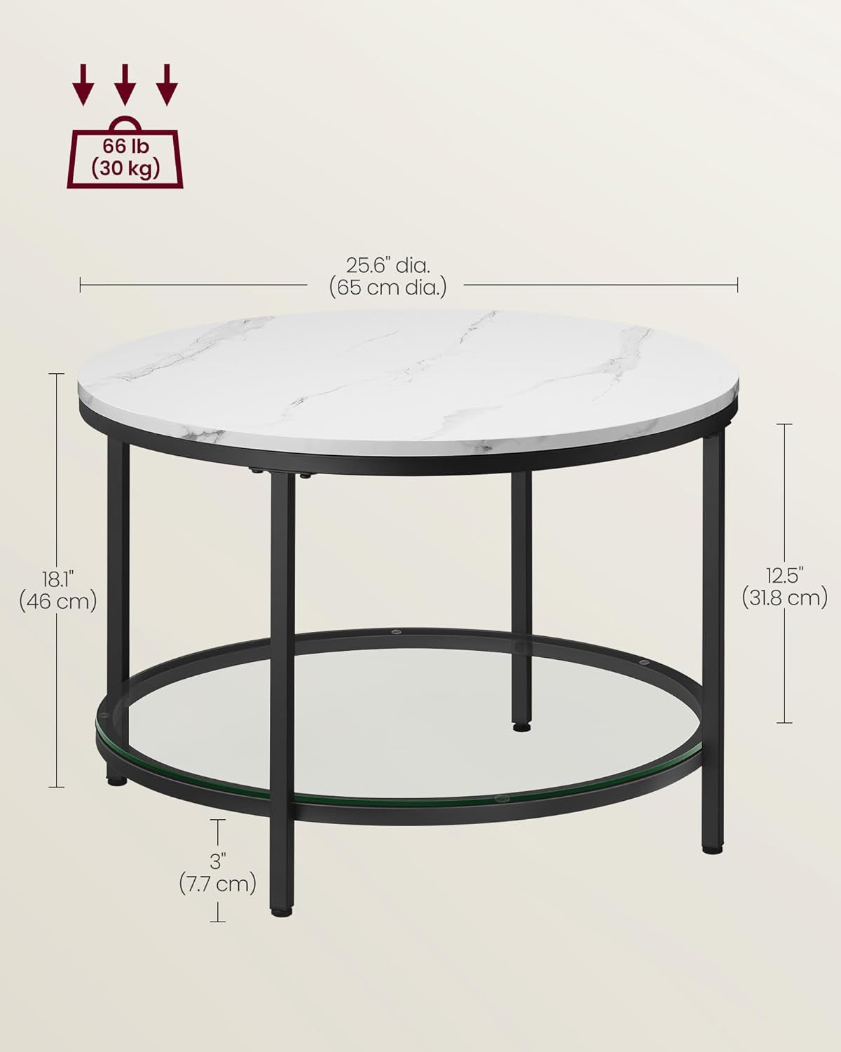 round Coffee Table, 2-Tier Small Coffee Table with Faux Marble Top and Glass Shelf, Modern Style, for Living Room, 25.6 X 25.6 X 18.1 Inches, Marble White and Ink Black ULCT072W13