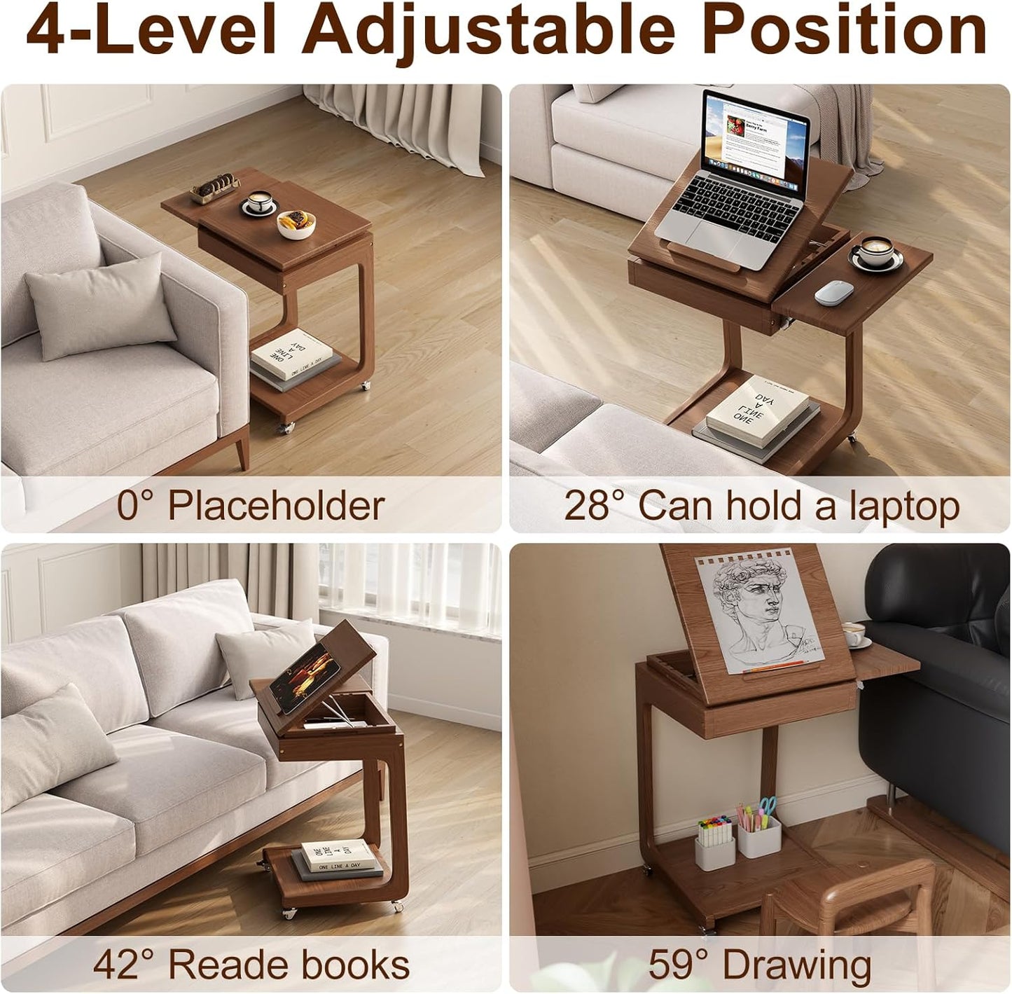 Solid Wood C Shaped End Table for Couch,Walnut C Table with Wheels,Small Side Table with Adjustable Desktop,Couch Desk with Storage,Rolling Tv Tray with Folding Shelf,Modern Bedside Table