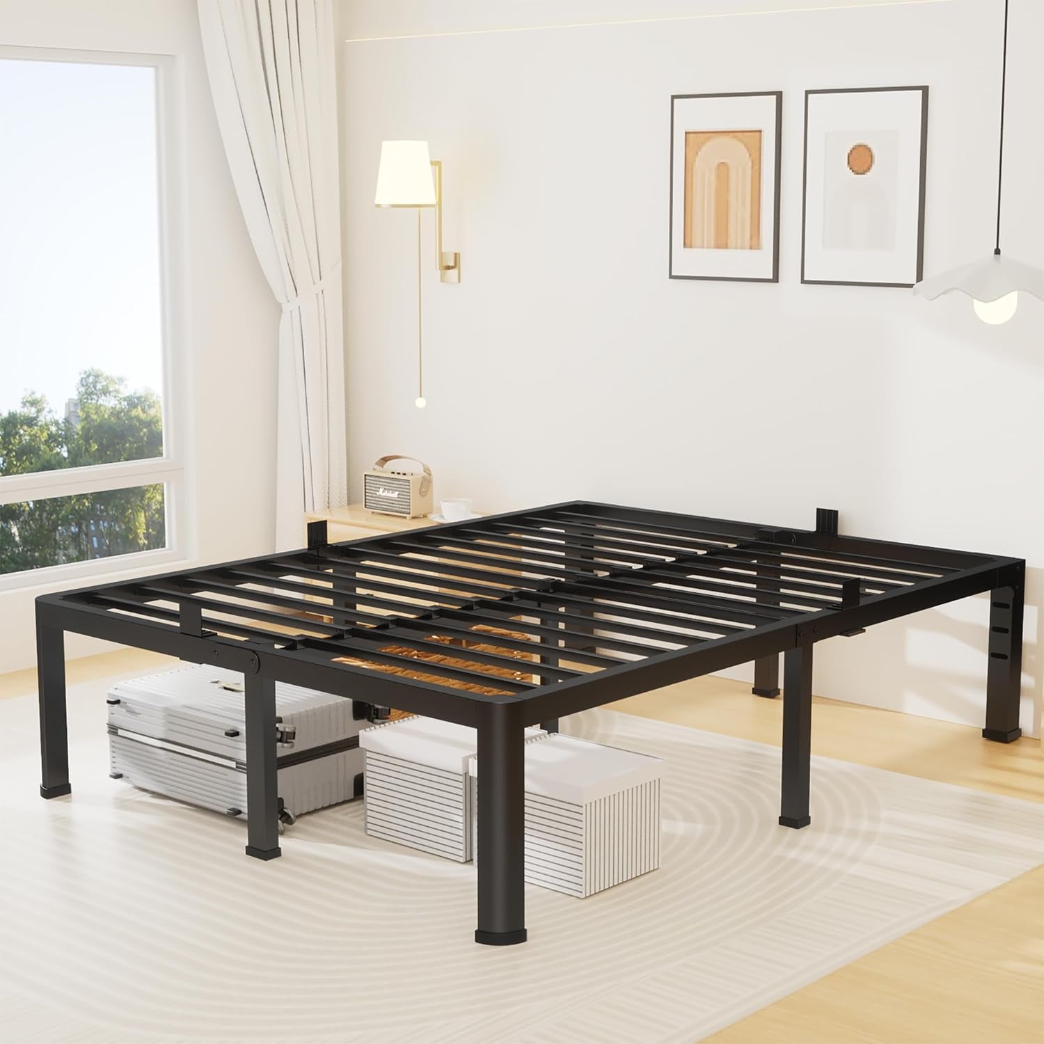 14 Inch Queen Bed Frame, Metal Platform Bed Frame with round Corner Legs, 3500 Lbs Heavy Duty Steel Slats Support, No Box Spring Needed, Noise Free, Easy Assembly, Black