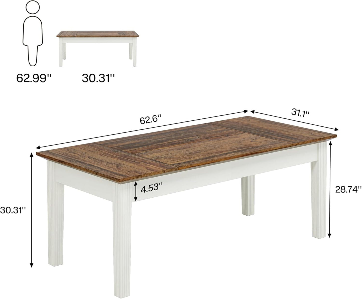 Dining Table for 4-6 People, 62-Inch Rectangular Kitchen Table with Solid Wood Legs, Modern Farmhouse Dinner Table for Dining Room, Kitchen, Living Room, Rustic Brown & Cream White