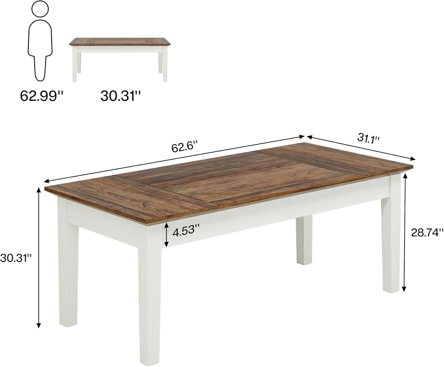 Dining Table for 4-6 People, 62-Inch Rectangular Kitchen Table with Solid Wood Legs, Modern Farmhouse Dinner Table for Dining Room, Kitchen, Living Room, Rustic Brown & Cream White