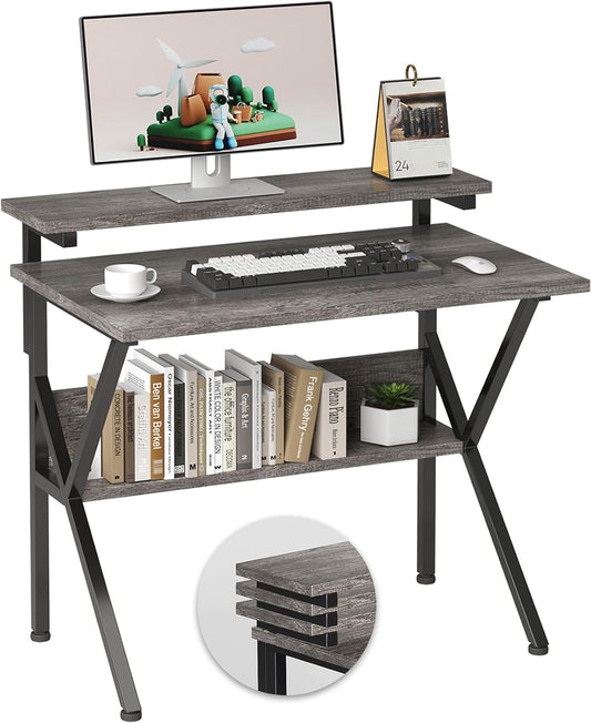 Small Desk, Small Computer Desk for Small Spaces, 27.5 Inch Computer Desk with Adjustable Monitor Stand, Compact Desk with Storage, Tiny Desk Study Desk for Bedroom Home Office, Grey