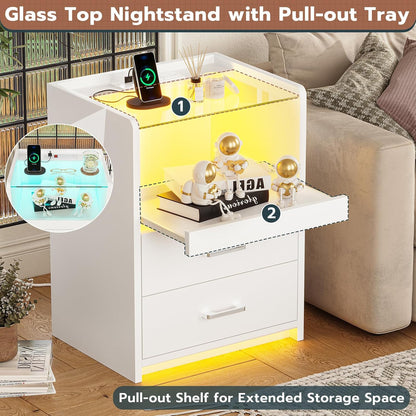 White Nightstand with Charging Station and LED Lights, 2 Drawers LED Night Stand with Tempered Glass Tabletop, Modern End Side Tables with Pull-Out Tray, Open Storage Bedside Tables