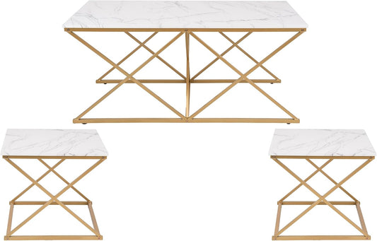 Modern Nesting Coffee Table Set of 3, Faux Marble Top with Golden Frame, Coffee Table with 2 Square End Side Tables, Perfect for Living Room, Apartment, Office