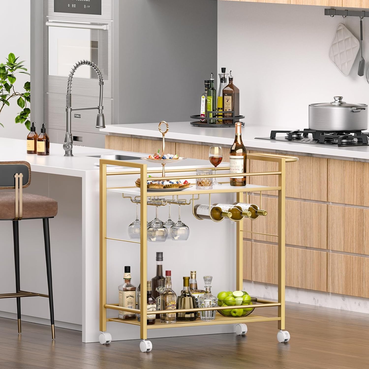 Bar Cart,Home Bar Serving Cart with Storage Shelves, 2 Tier Rolling Beverage Cart with Wheels, Modern Flowing Gold Wine Cart with Wine Rack and Glass Holder for Kitchen, Dinning Room,Living Room