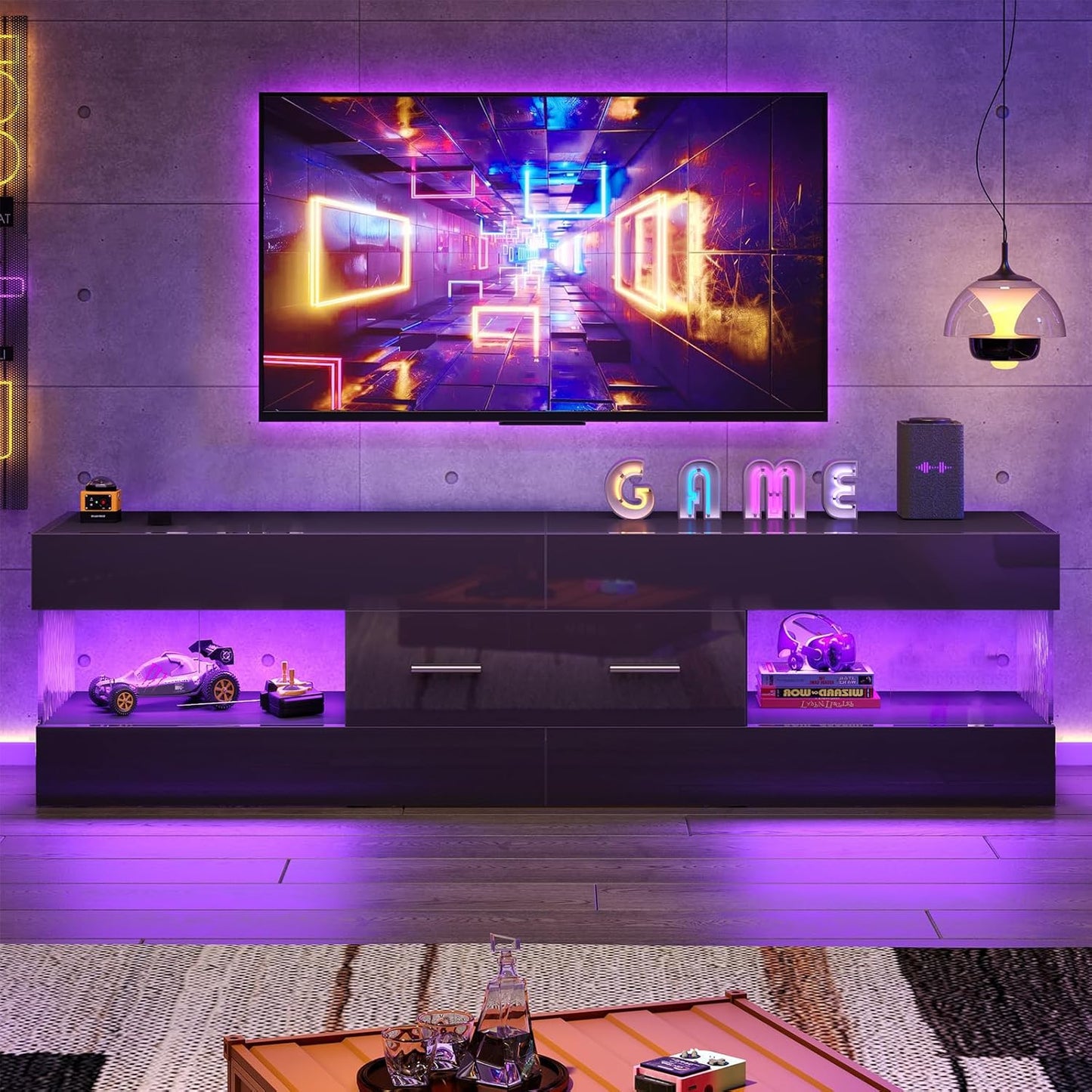 Black TV Stand for 55/60/65 Inch TV, High Gloss Modern TV Stand with Stone-Patterned Side Panels, LED Entertainment Center with Large Drawer, TV Consoles for Living Room, Bedroom