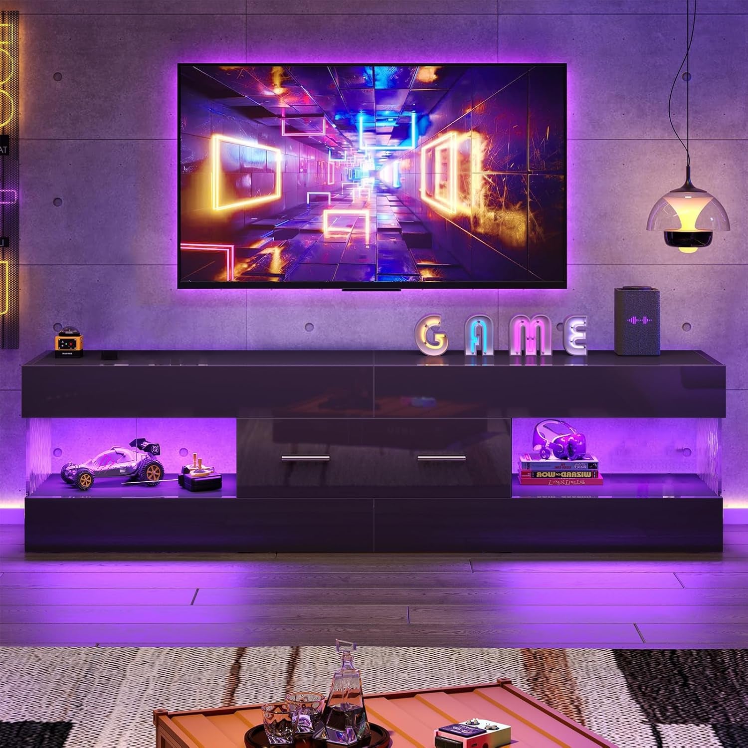 Black TV Stand for 55/60/65 Inch TV, High Gloss Modern TV Stand with Stone-Patterned Side Panels, LED Entertainment Center with Large Drawer, TV Consoles for Living Room, Bedroom