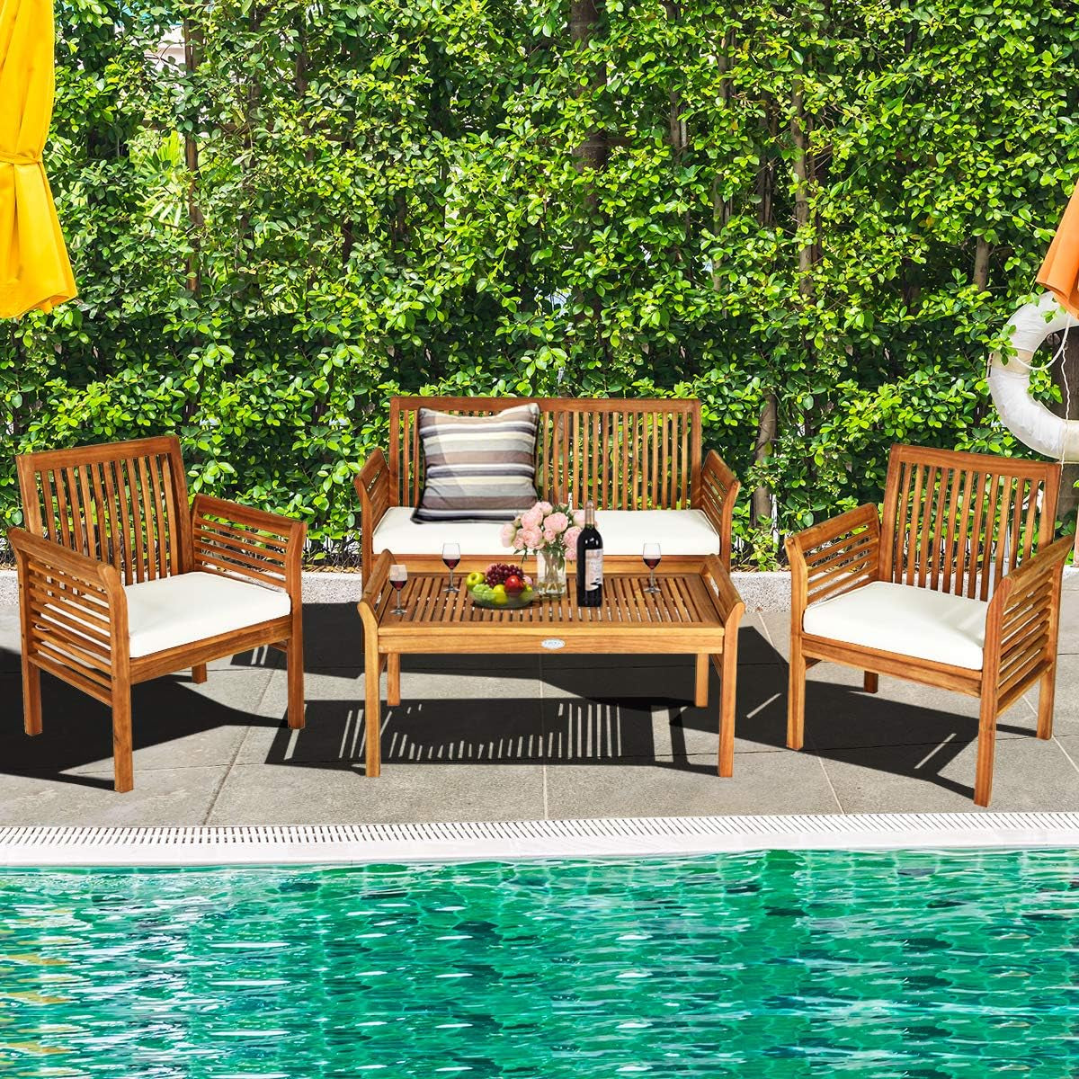 4 Piece Outdoor Acacia Wood Sofa Set with Water Resistant Cushions, Padded Patio Conversation Table Chair Set W/Coffee Table for Garden, Backyard, Poolside (1)