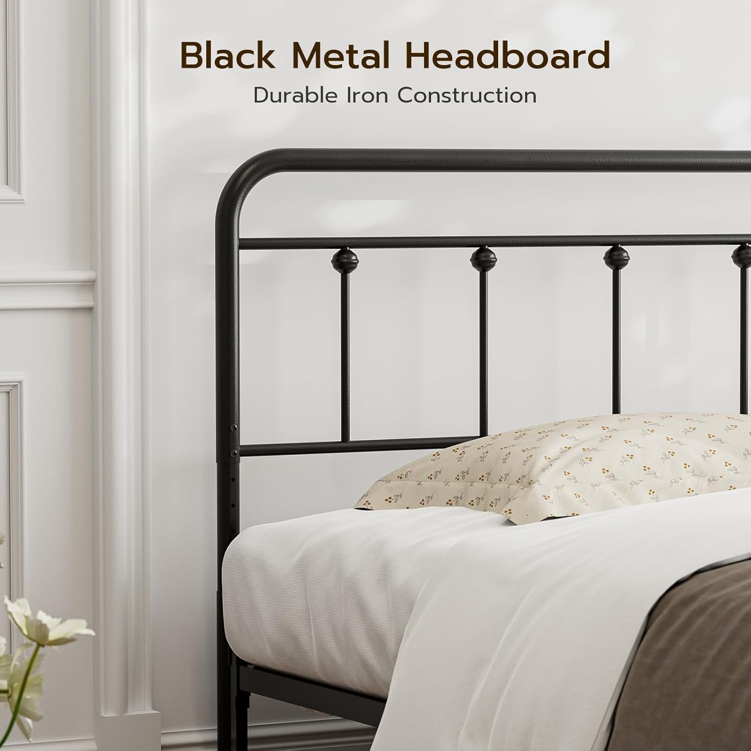 Queen Size Headboard with Black Metal Construction, Adjustable Height, Sturdy Farmhouse Wrought Iron Headboards Only